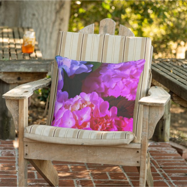 Hot pink purple floral hydrangeas outdoor pillow (Chair)