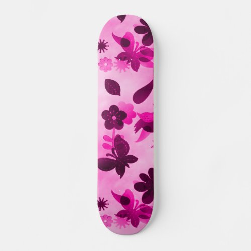 Hot Pink Purple Flowers Birds Butterflies Floral Skateboard