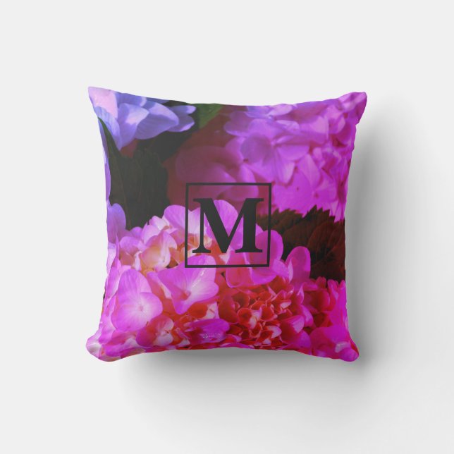 Hot pink purple flowers florals hydrangeas  outdoor pillow (Front)