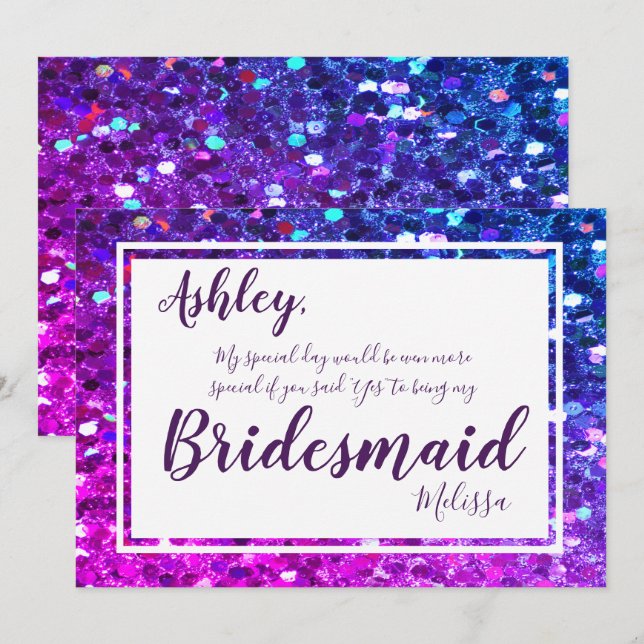 Hot Pink / Purple Glam Will You Be My Bridesmaid Invitation (Front/Back)