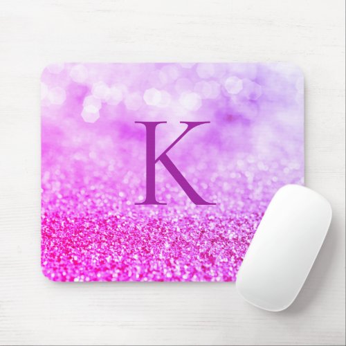 Hot Pink Purple Glitter Sparkle Bokeh Monogram Mouse Pad