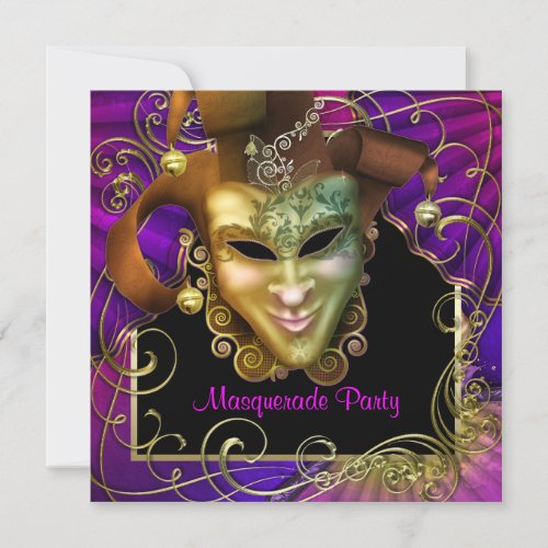 Hot Pink Purple Gold Masquerade Party Invitations