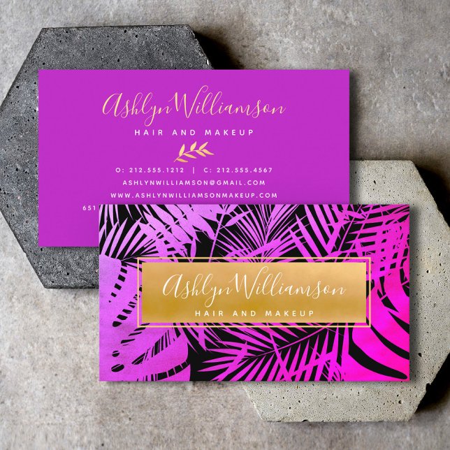 Hot pink purple gold tropical palm script modern business card (Creator Uploaded)