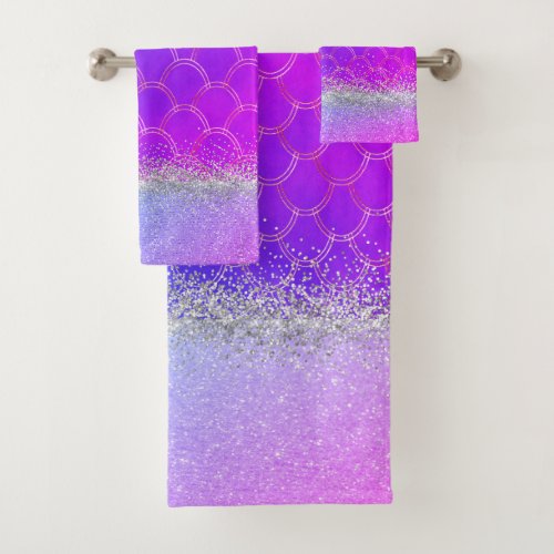 Hot Pink Purple Mermaid Glittery Bling  Bath Towel Set