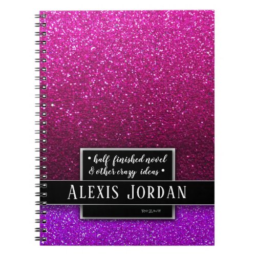 Hot Pink Purple Ombre Glitter Black White Monogram Notebook