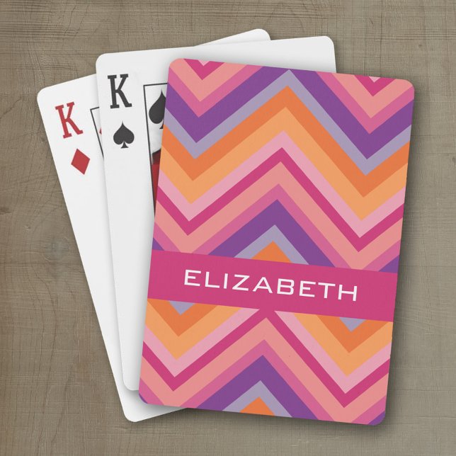 Hot Pink Purple Orange Chevron Pattern Poker Cards (Personalized playing cards with a fun area to add text such as a name or monogram)
