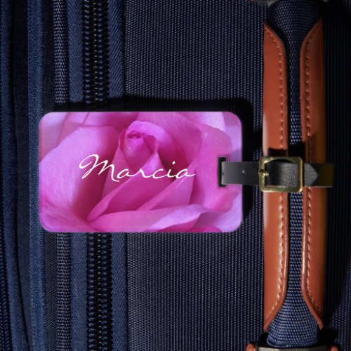 Hot pink purple rose close_up photo custom name luggage tag