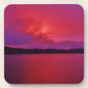 Hot Pink Purple sunset on Lake Arrowhead Beverage Coaster