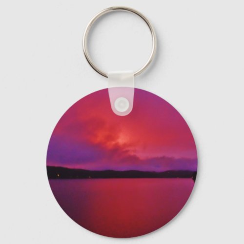 Hot Pink Purple sunset on Lake Arrowhead Keychain