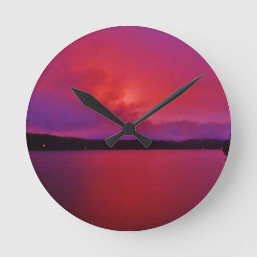 Hot Pink Purple sunset on Lake Arrowhead Round Clock