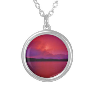 Hot Pink Purple sunset on Lake Arrowhead Silver Plated Necklace