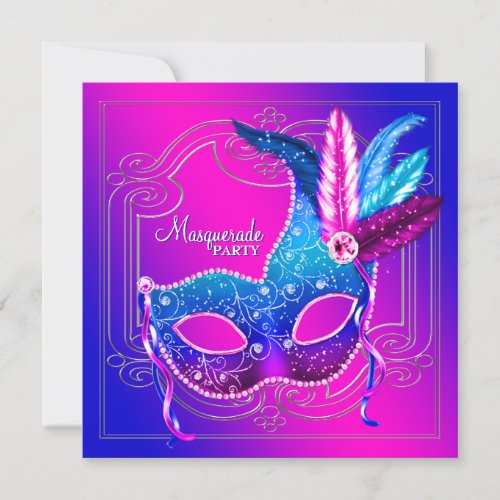 Hot Pink Purple Teal Masquerade Party Invitation