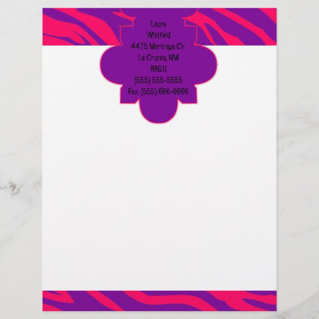 Hot Pink Purple Zebra Print Letterhead Stationery (Front)