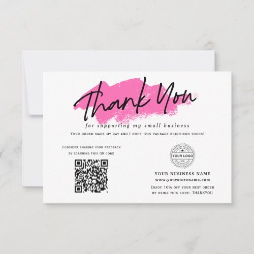 Hot pink QR code modern Logo small business Thank You Card