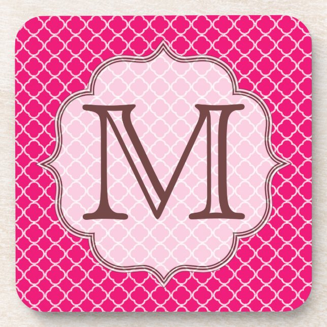 Hot Pink Quarterfoil Latti Monogram Drink Coaster (Front)