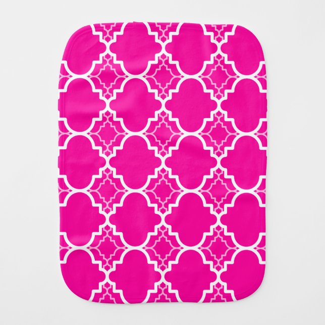 Hot Pink Quatrefoil Geometric Pattern Baby Burp Cloth (Front)