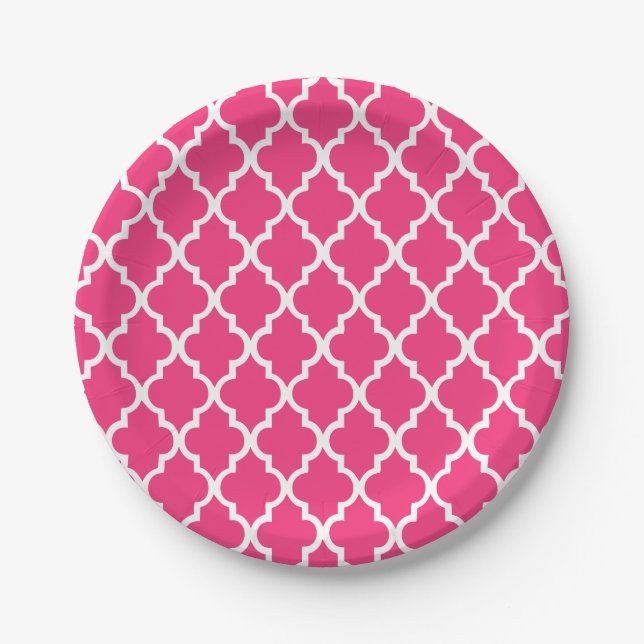 Hot Pink Quatrefoil Tiles Pattern Paper Plates (Front)