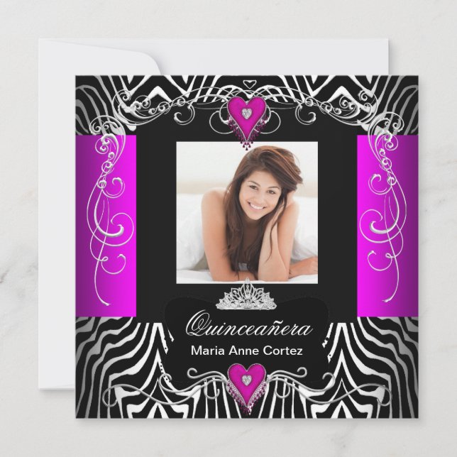 Hot Pink Quinceanera 15th Birthday Zebra Photo Invitation (Front)