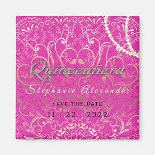 Hot pink Quinceanera Save the date pearls, glitter Magnet