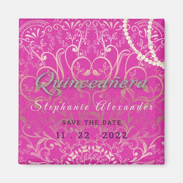 Hot pink Quinceanera Save the date pearls, glitter Magnet (Front)