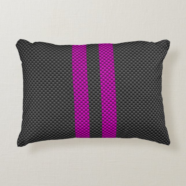 Hot Pink Racing Stripes in Carbon Fiber Style Accent Pillow (Front)