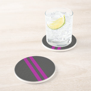 Hot Pink Racing Stripes in Carbon Fiber Style Coaster