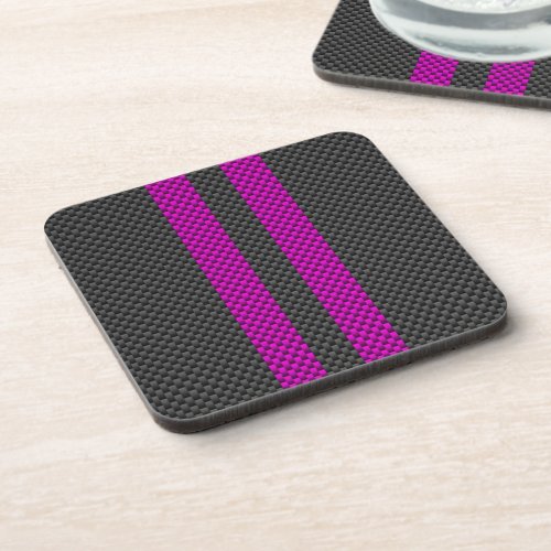 Hot Pink Racing Stripes in Carbon Fiber Style Drink Coaster