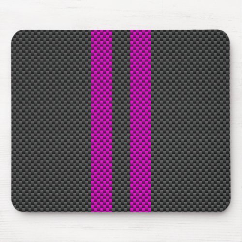 Hot Pink Racing Stripes in Carbon Fiber Style Mouse Pad