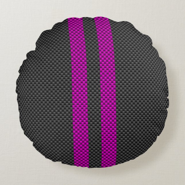 Hot Pink Racing Stripes in Carbon Fiber Style Round Pillow (Front)