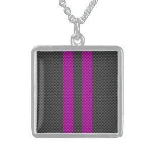 Hot Pink Racing Stripes in Carbon Fiber Style Sterling Silver Necklace