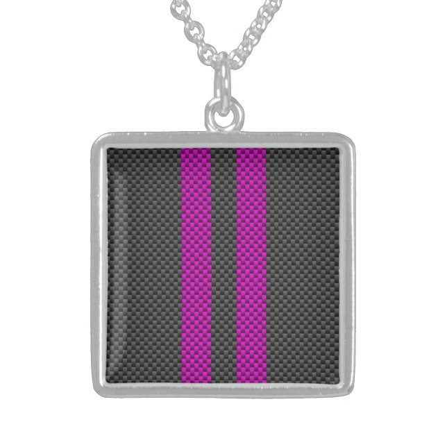 Hot Pink Racing Stripes in Carbon Fiber Style Sterling Silver Necklace (Front)