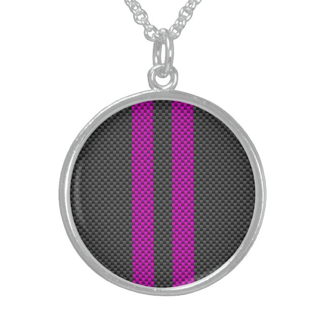 Hot Pink Racing Stripes in Carbon Fiber Style Sterling Silver Necklace (Front)
