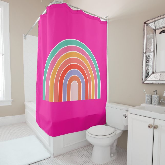 Hot Pink Rainbow Preppy Colorful Happy Rainbow Shower Curtain (In Situ)
