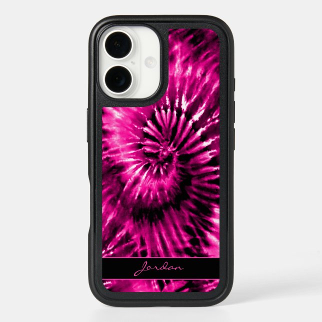 Hot Pink Rainbow Retro Tie Dye with Name Otterbox iPhone Case (Back)