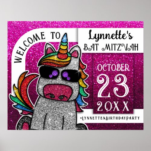 Hot Pink Rainbow Unicorn Glitter Welcome Birthday Poster