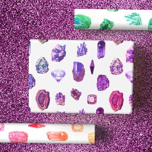Hot Pink  Rainbow Vintage Crystals and Gems Wrapping Paper Sheets