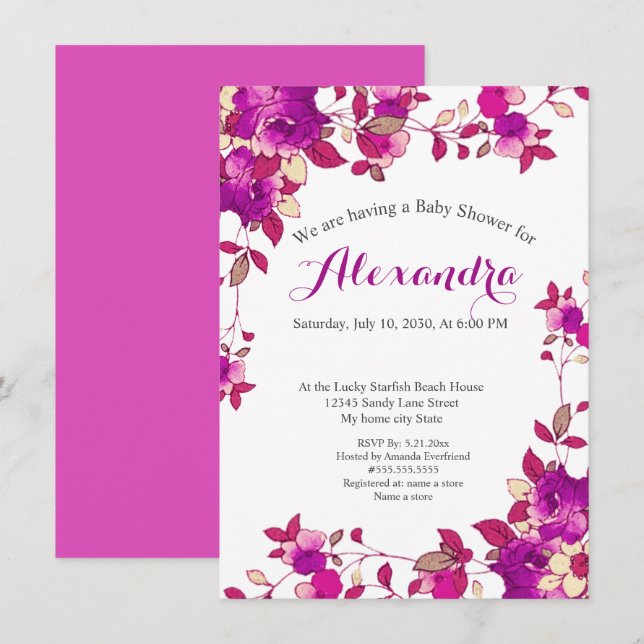 Hot pink Rasberry Floral Baby Shower invitation (Front/Back)
