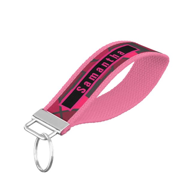 Hot Pink Raspberry Red Gift Trendy Modern  Wrist Keychain (Angled Down)