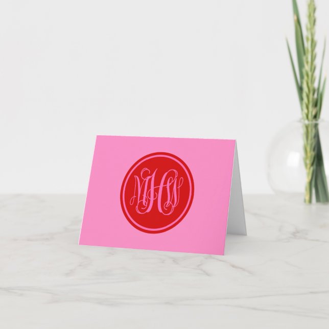 Hot Pink Red 3 Initial Vine Script Monogram DIY BG Thank You Card (Front)