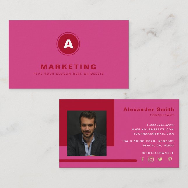 Hot Pink Red Business Marketing Professional Photo Business Card (Front/Back)