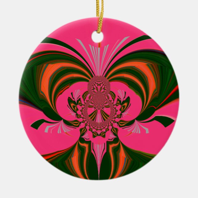 Hot Pink Red Golden Green Ceramic Ornament (Front)