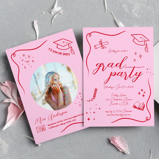 Hot Pink Red Hand-drawn Scrible Graduation Invitation (Creator Uploaded)