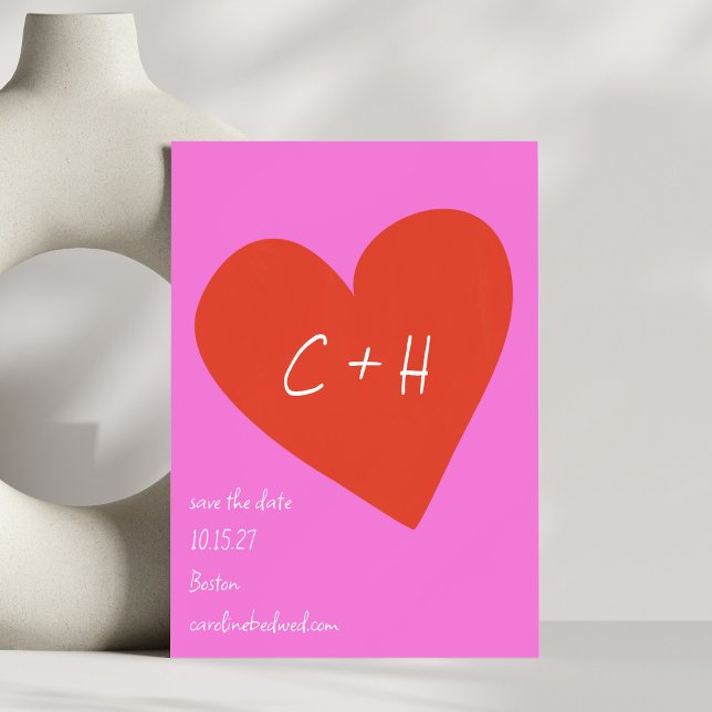 Hot Pink Red Heart Bold Initials Wedding Announce Save The Date (Creator Uploaded)