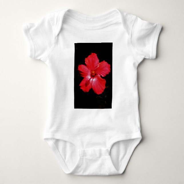 Hot Pink Red Hibiscus flower on Black Baby Bodysuit (Front)
