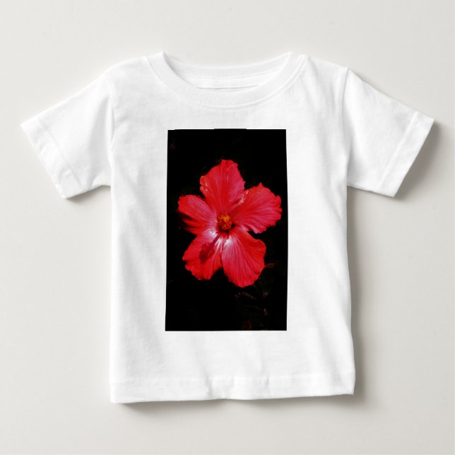 Hot Pink Red Hibiscus flower on Black Baby T-Shirt (Front)