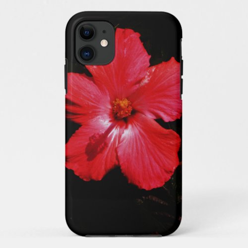 Hot Pink Red Hibiscus flower on Black iPhone 11 Case