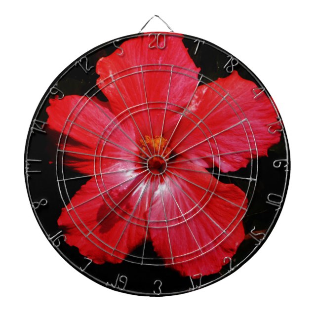 Hot Pink Red Hibiscus flower on Black Dartboard (Front)