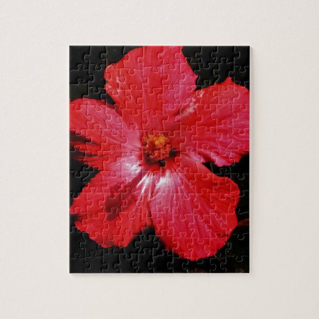 Hot Pink Red Hibiscus flower on Black Jigsaw Puzzle (Vertical)