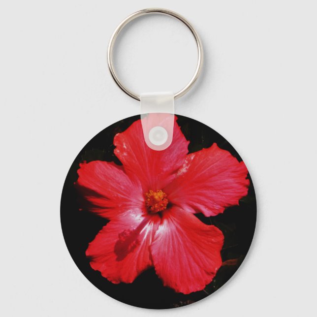 Hot Pink Red Hibiscus flower on Black Keychain (Front)