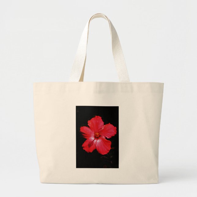 Hot Pink Red Hibiscus flower on Black Large Tote Bag (Front)